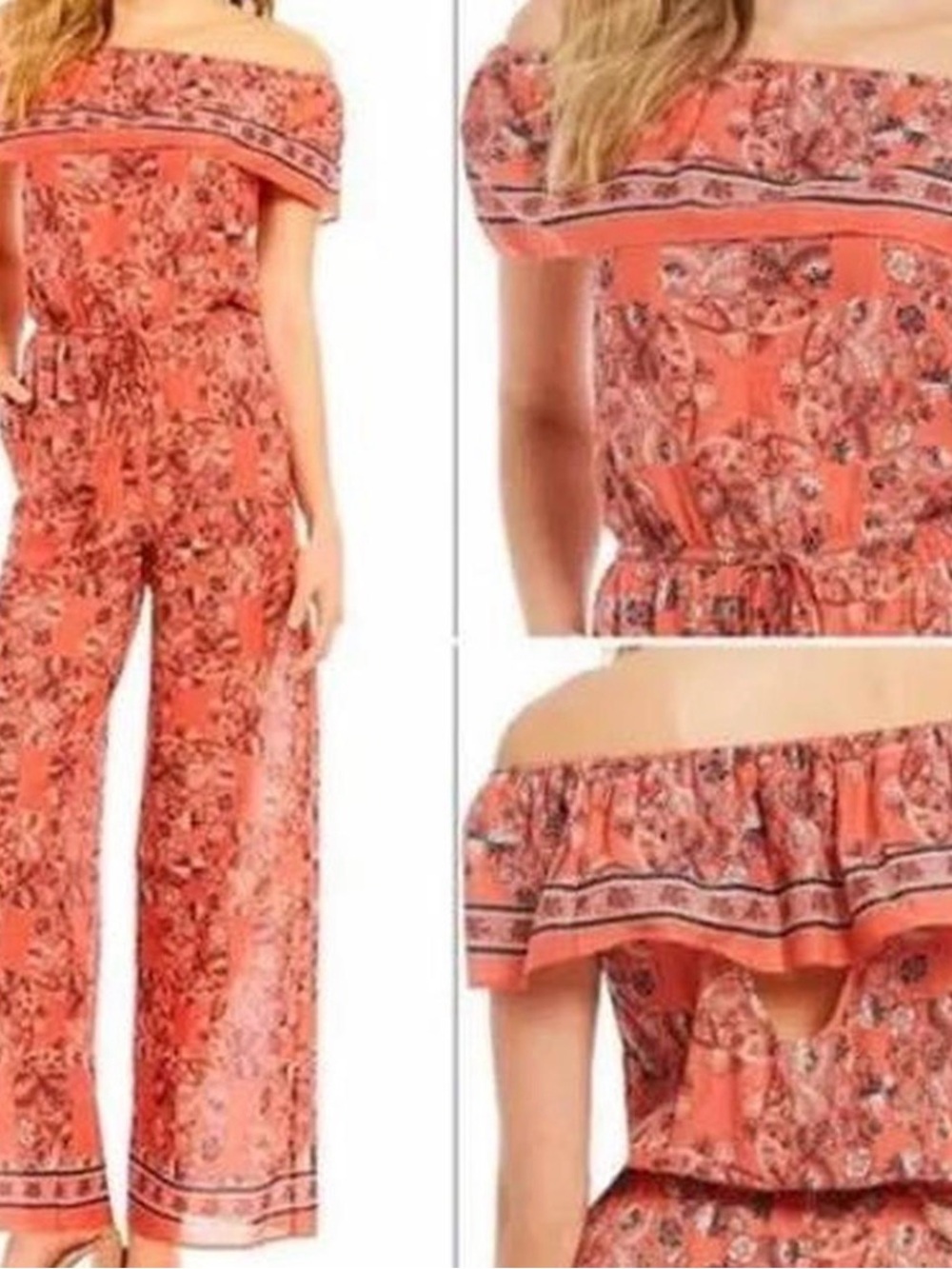 CHELSEA & VIOLET Orange Floral One Piece Off Shoulder Romper Tie Waist Size S